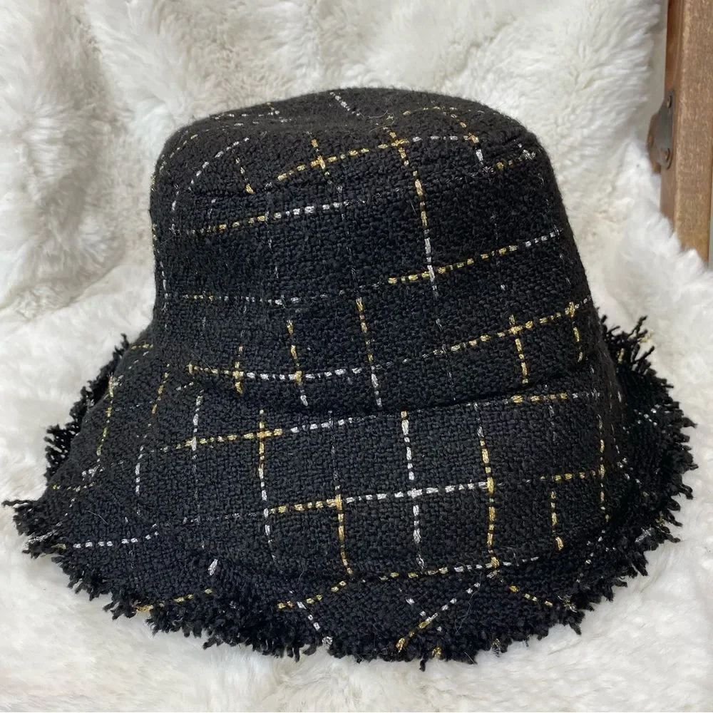 Nicole Miller Black Window Pane Boucle Tweed Bucket Hat